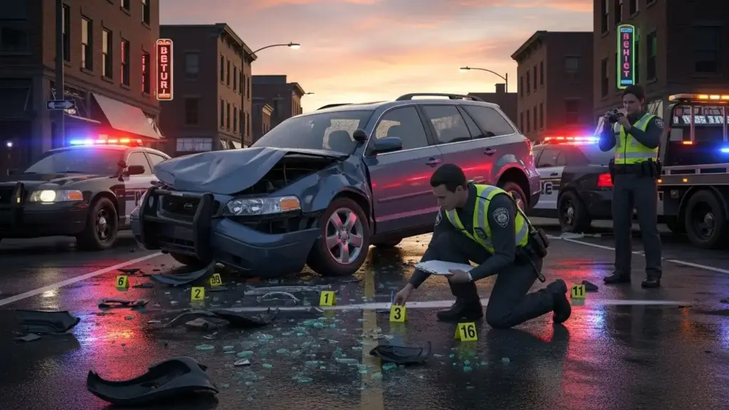 Car crash scene with police collecting evidence for injury claim