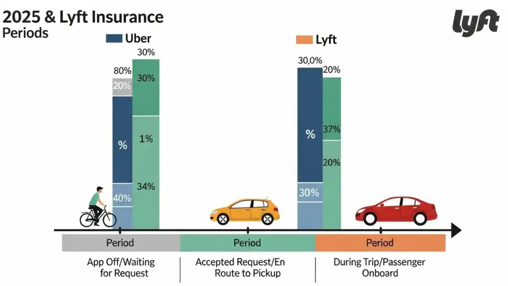 Diagram explaining Uber and Lyft insurance coverage periods in 2025