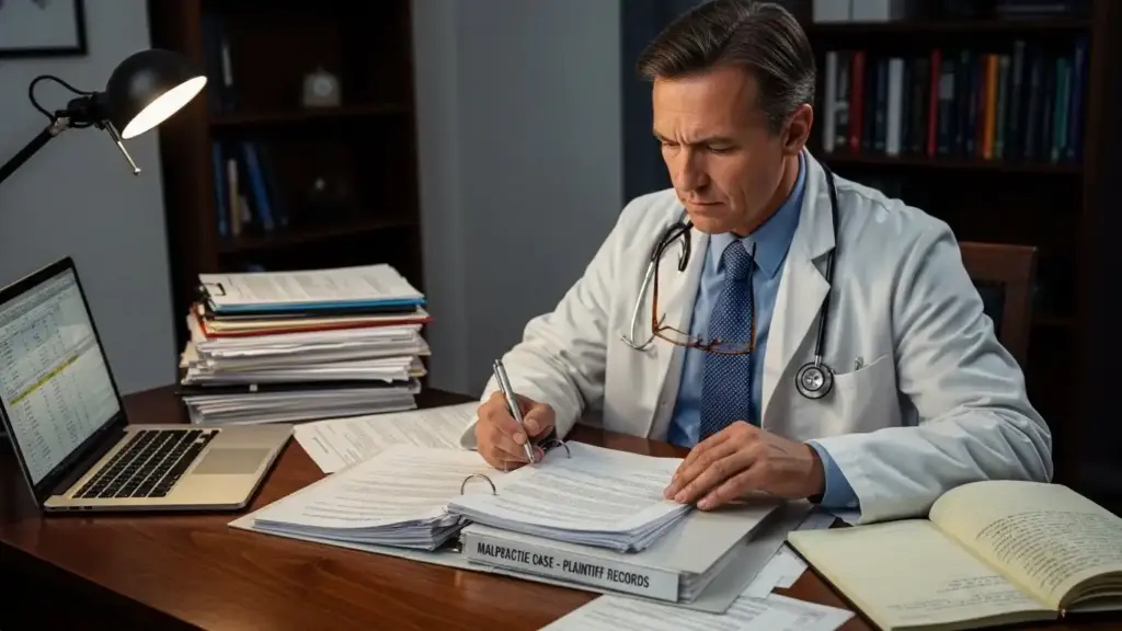 Doctor reviewing medical records for malpractice case