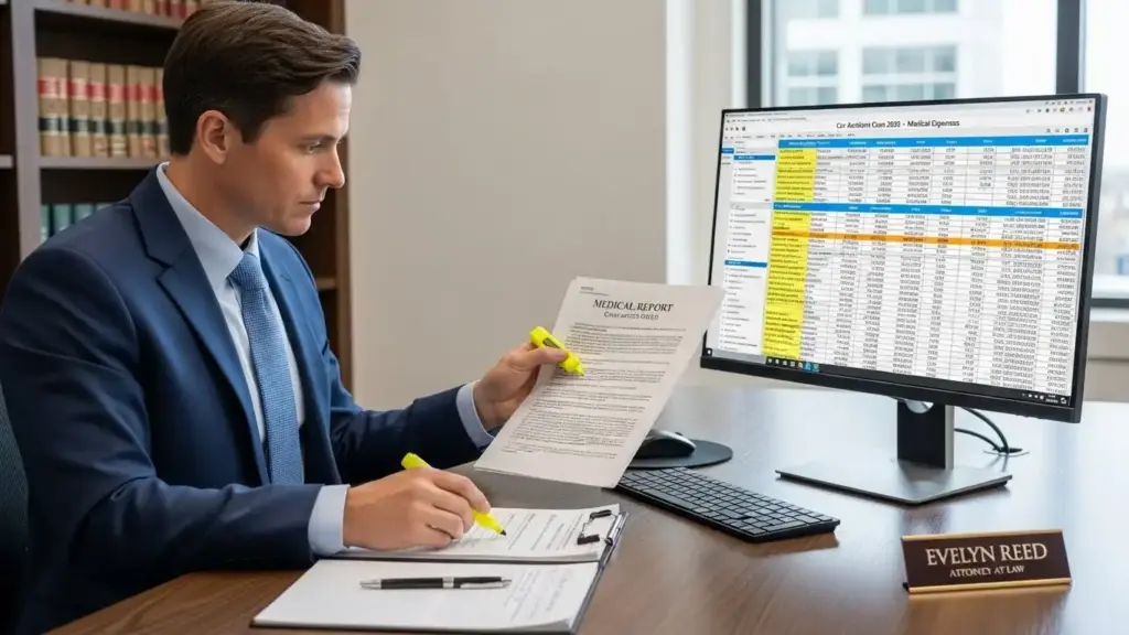 Lawyer reviewing medical documents for a 2025 car accident case