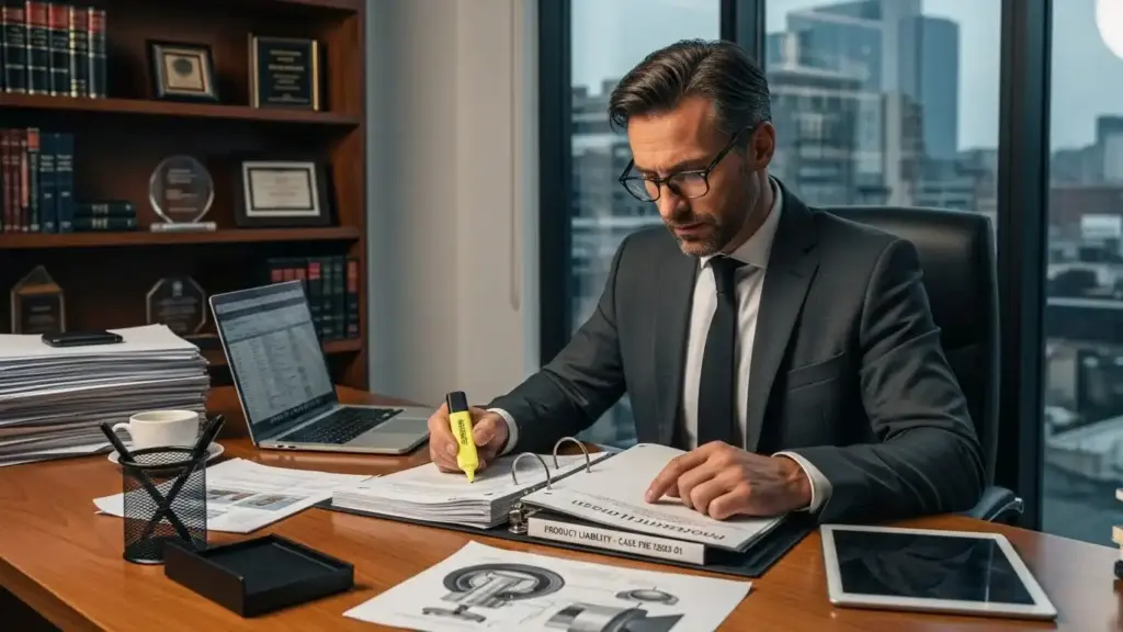 Lawyer reviewing product liability case