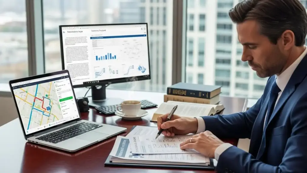 Lawyer reviewing rideshare app trip data and telematics reports