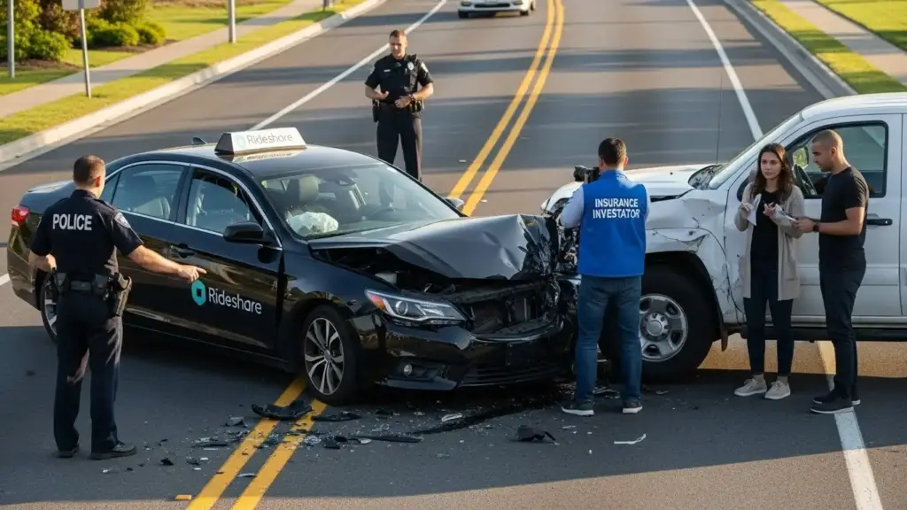 Rideshare vehicle involved in a collision showing liability investigation