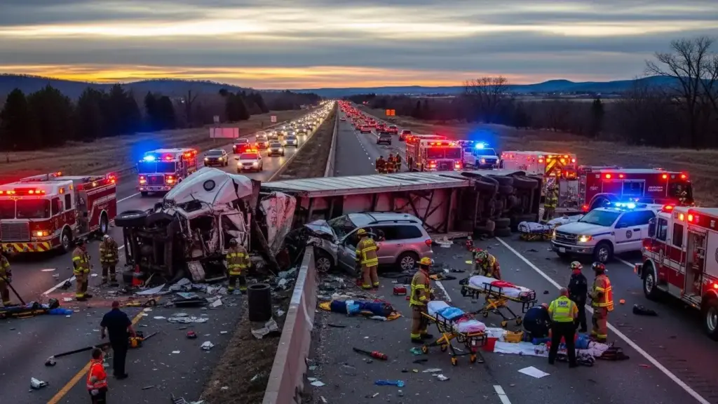 Truck accident on highway with emergency responders