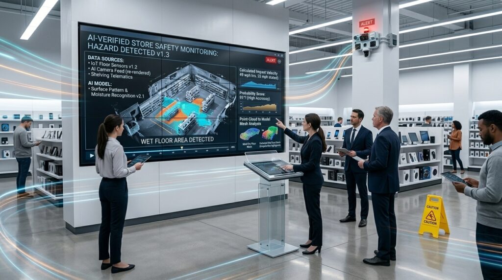 IoT sensor alerting staff about wet floor hazard