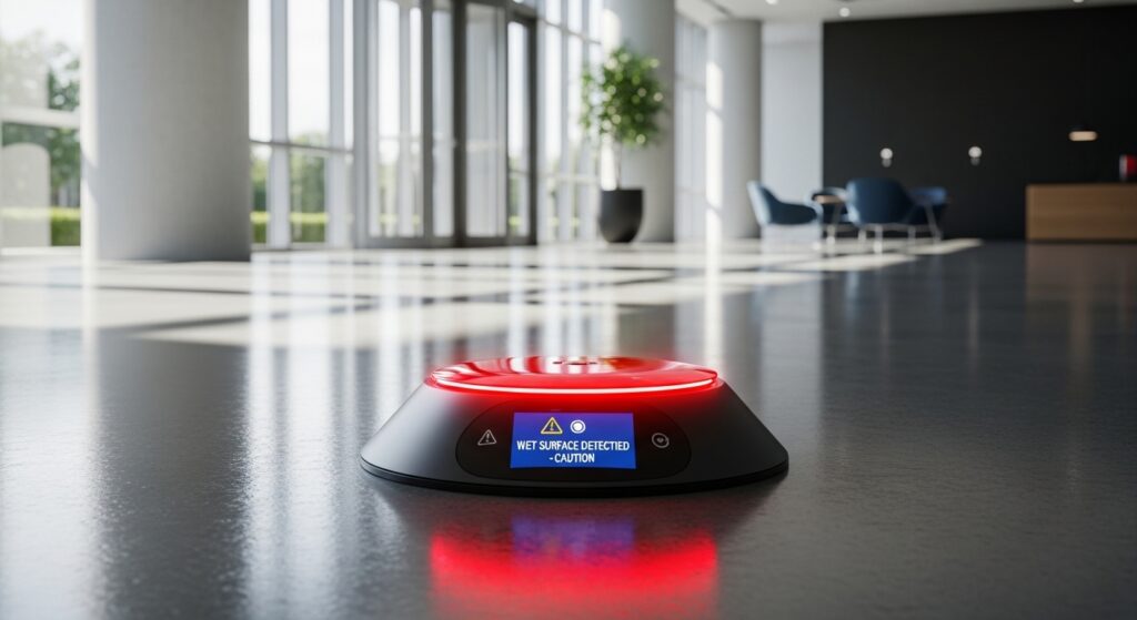 Smart floor sensor detecting wet surface hazard in commercial building