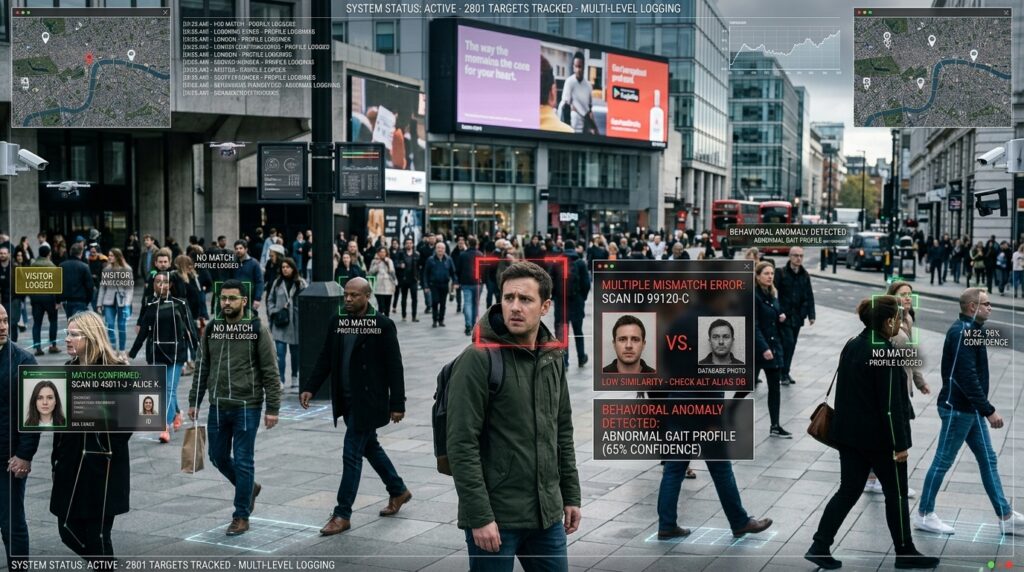 AI facial recognition scanning individuals in a crowded urban environment