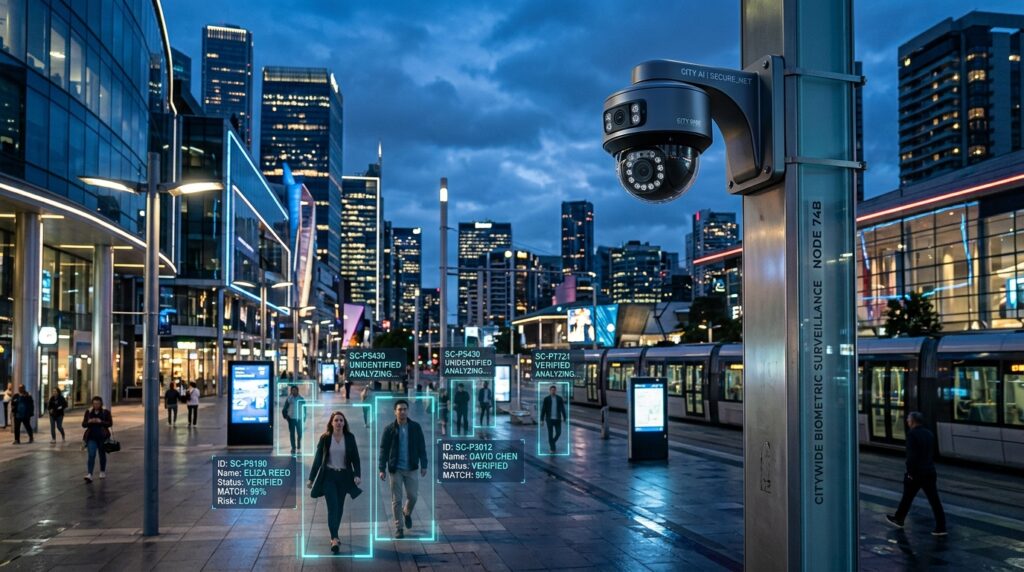 Security camera system using biometric identification in public infrastructure