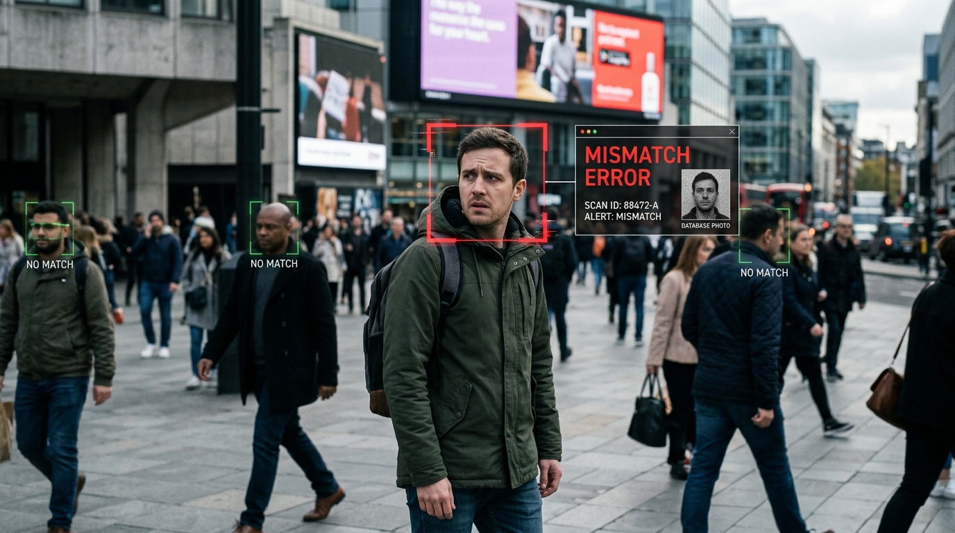 Facial recognition system misidentifying a person in a public space leading to wrongful incident