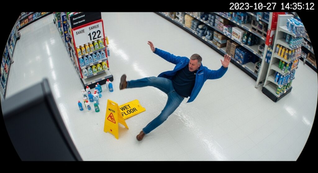 Slip and fall accident in retail store captured by sensor system