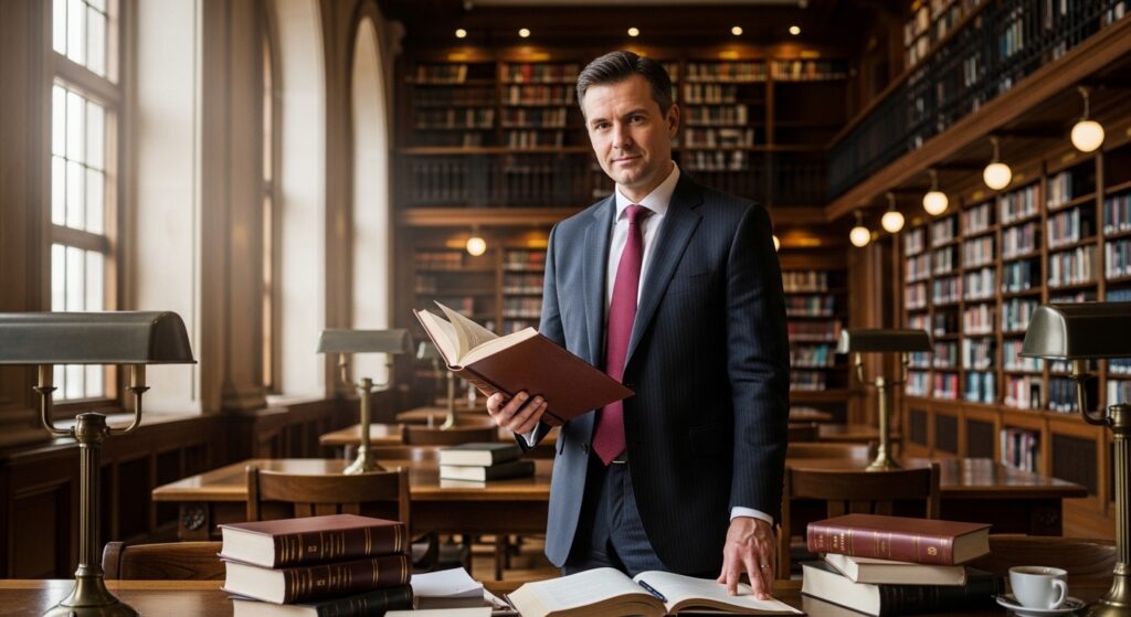 A male attorney in a suit standing in a classic law library, holding an open law book while surrounded by stacks of legal texts and reference materials.