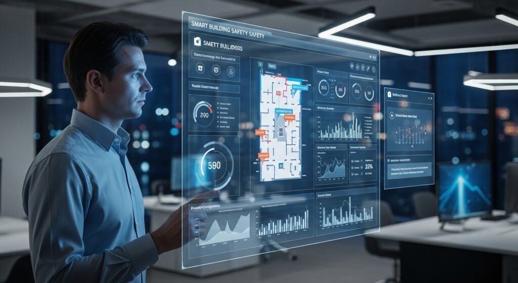 Technician reviewing smart building safety dashboard