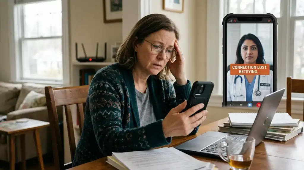 A woman in a patterned cardigan sits at a wooden table, looking frustrated and holding her head while staring at her smartphone. A superimposed screen shows a video call with a female doctor that has been interrupted by a message reading 'CONNECTION LOST. RETRYING...', illustrating the challenges of virtual healthcare.