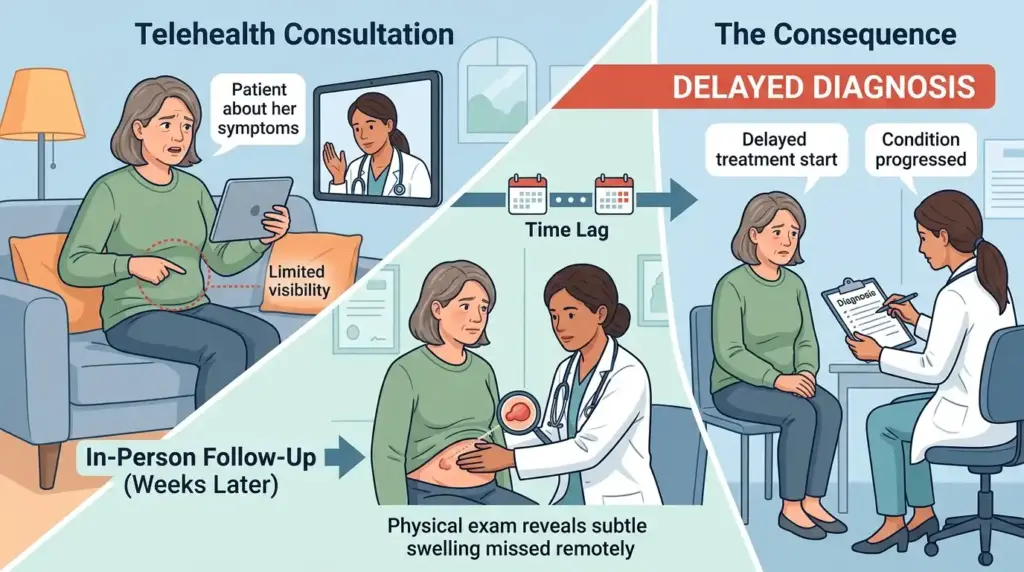 An educational infographic titled 'The Consequence: Delayed Diagnosis.' It illustrates a three-step timeline: first, a 'Telehealth Consultation' where a patient points to a symptom but the doctor has 'limited visibility' via tablet. Second, an 'In-Person Follow-Up' weeks later where a physical exam reveals subtle swelling missed remotely. Finally, a section showing the consequences: delayed treatment start and a progressed condition.