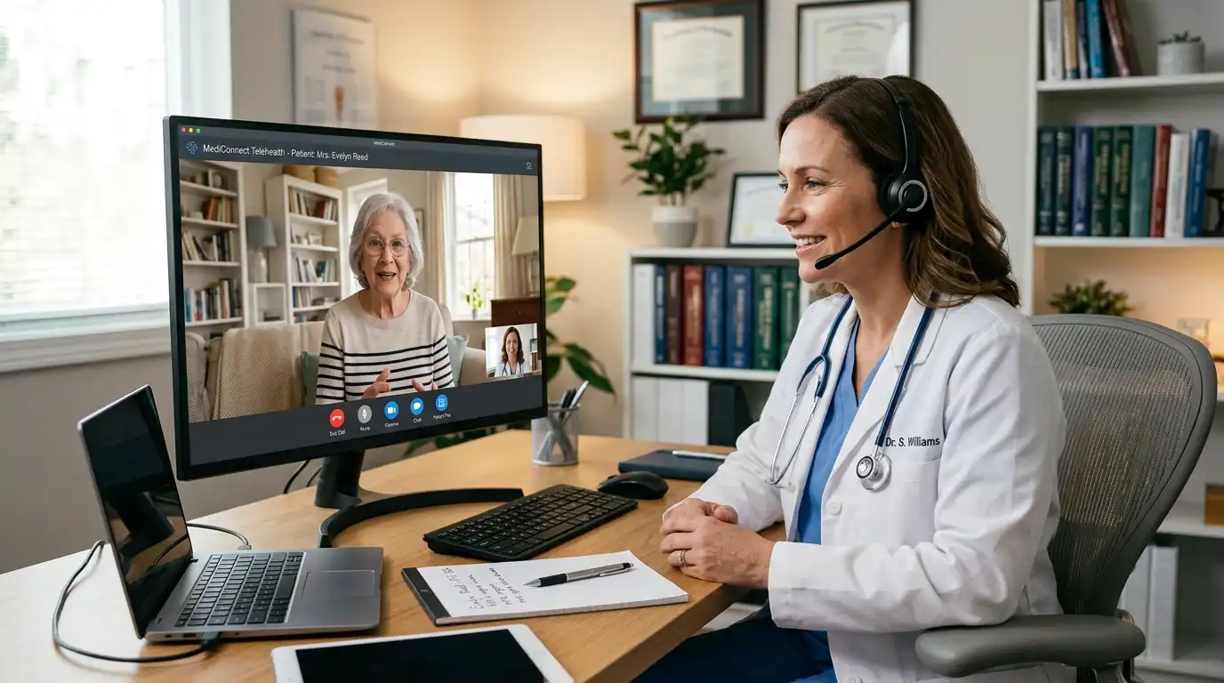 A female doctor, identified as Dr. S. Williams, wearing a white lab coat and a headset, conducts a virtual appointment via a 'MediConnect Telehealth' platform. A senior woman is visible on the large computer monitor, while the doctor's desk is equipped with a laptop, tablet, and medical files in a bright, modern office.