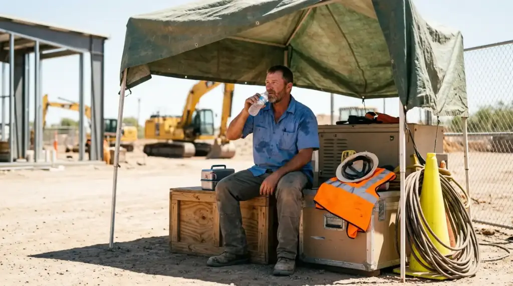 A construction worker in a blue shirt sits on a wooden crate under a green canopy tent, drinking water to stay hydrated while taking a break on a sunny industrial job site with excavators in the background.