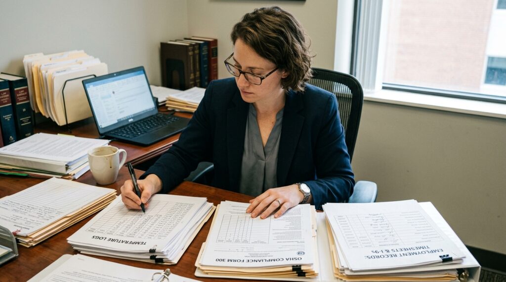 A professional lawyer with glasses and a blazer reviews employment records, temperature logs, and safety compliance forms at a desk with a laptop and legal binders.
