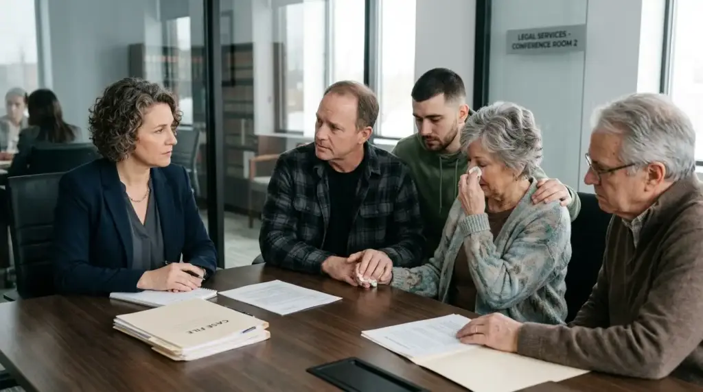 A professional legal consultant sits at a conference table with a grieving family reviewing a case file and legal documents in a modern office setting.