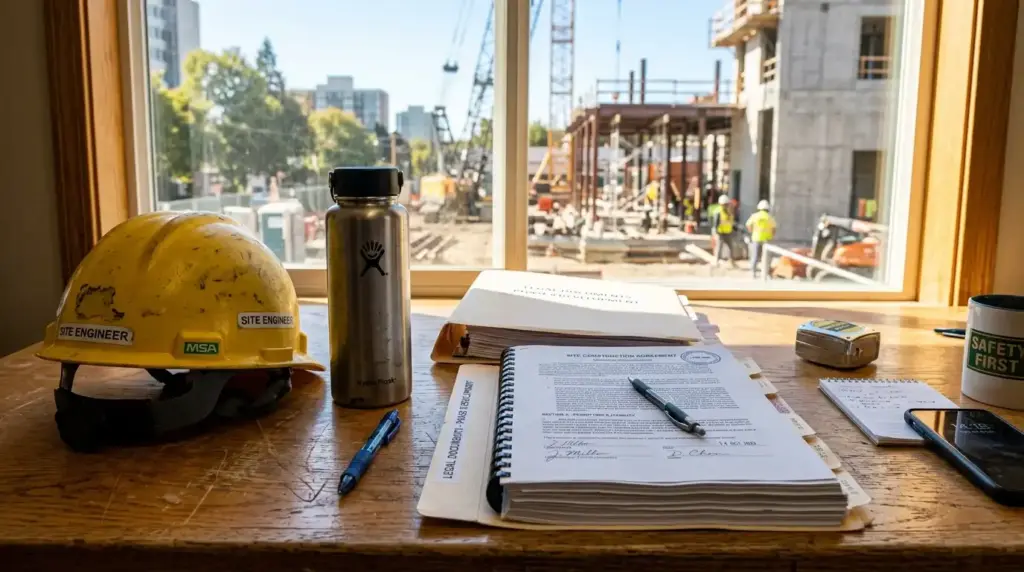 A wooden desk overlooking an active construction site through a window, featuring a yellow site engineer hard hat, legal documentation folders, a signed construction agreement, and personal items like a water bottle and smartphone.