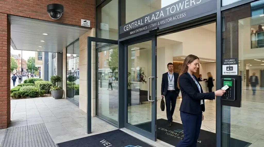 An office worker using an ID card scanner to open a secured glass door at a commercial building entrance under a prominent black outdoor security camera.