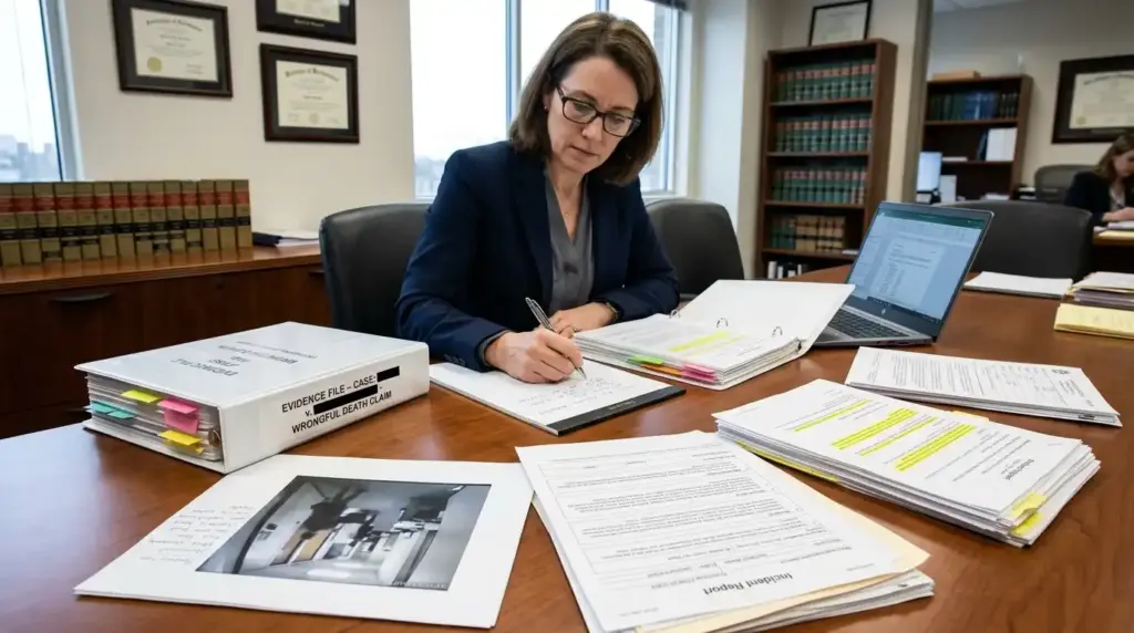 A female attorney sitting at a conference desk reviewing documents in a legal binder next to an open case file labeled "Wrongful Death Claim," an incident report, and a printed surveillance camera photo.