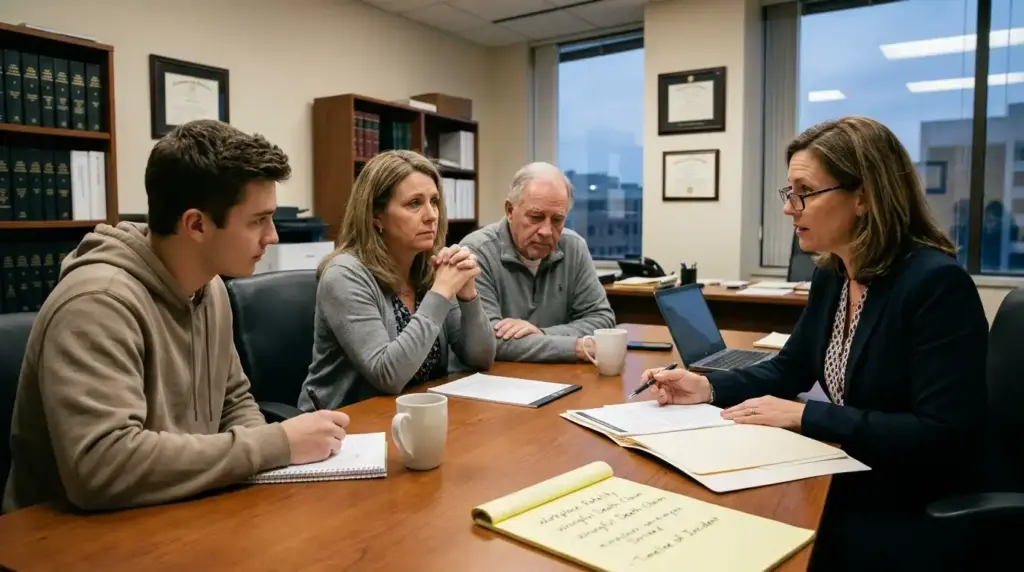 A female attorney discussing legal options at a conference desk with a grieving family, while a yellow legal pad in the foreground shows notes on a workplace fatality and wrongful death claim.
