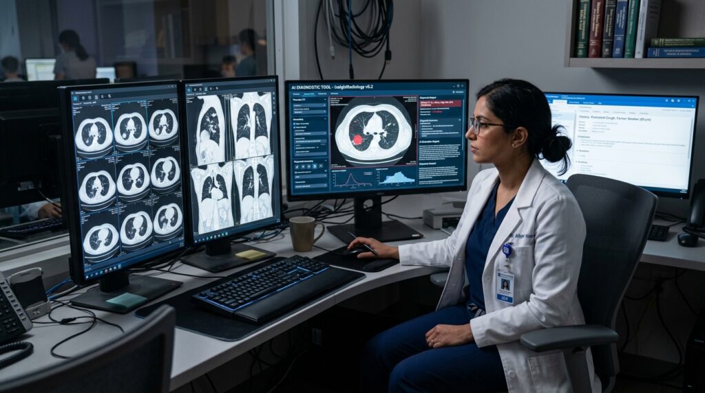 Doctor reviewing AI diagnostic technology after possible medical error