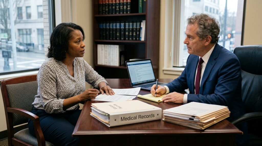 Patient discussing healthcare concerns with a medical malpractice attorney.