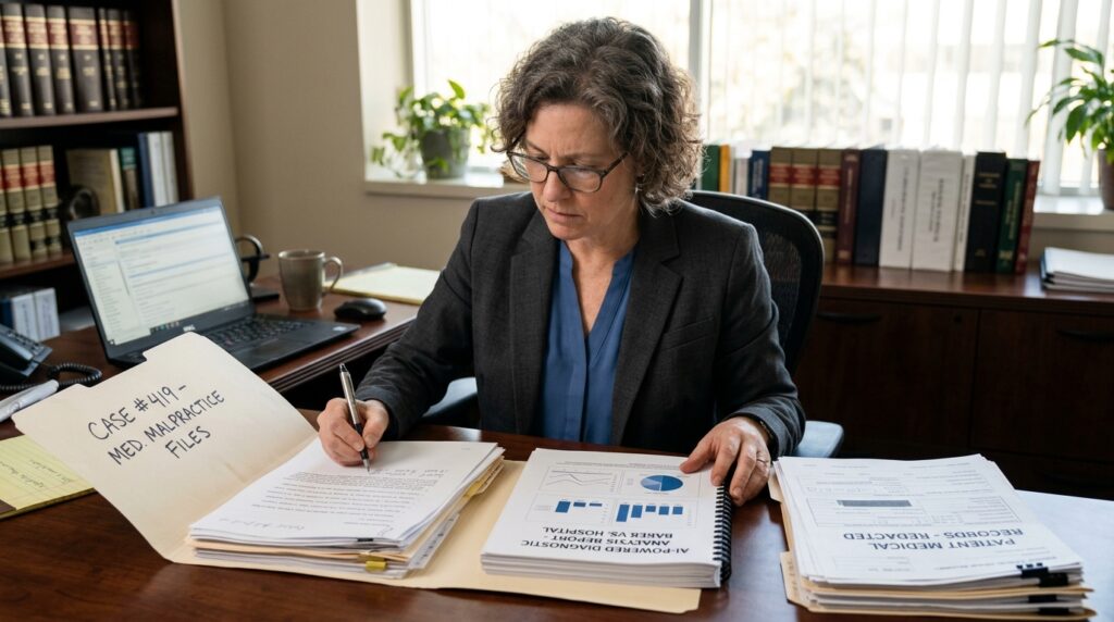 Attorney reviewing evidence for AI medical malpractice claim