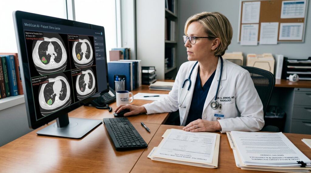 AI medical error malpractice claim involving doctor reviewing digital healthcare records