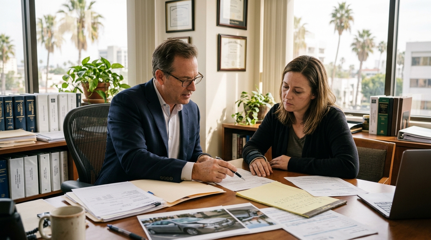 Attorney reviewing California hit-and-run injury claim evidence, medical bills, and possible compensation